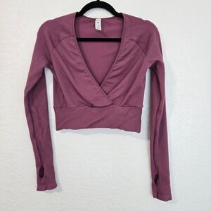 Balance Athletica Ribbed Cropped Wrap Long Sleeve Top Plum Size L